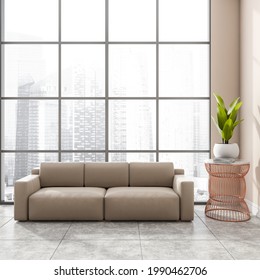 Stylish Modern Office Room Interior In Skyscraper Building With Design Beige Leather Couch, Tile Ceramic Floor. Panoramic Window. Singapore City View. No People. 3d Rendering