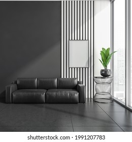 Stylish Modern Office Room Interior In Skyscraper Building With Design Leather Couch, White Mock Up Framed Poster, Tile Ceramic Floor. Panoramic Window. No People. 3d Rendering