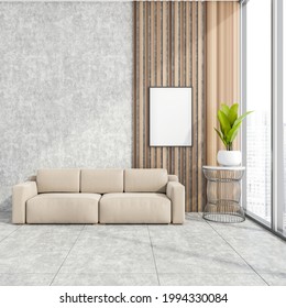 Stylish Modern Office Room Interior In Skyscraper Building With Design Leather Couch, White Mock Up Framed Poster, Tile Ceramic Floor. Panoramic Window. No People. 3d Rendering