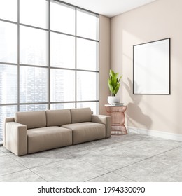 Stylish Modern Office Room Interior In Skyscraper Building With Design Leather Couch, White Mock Up Framed Poster, Tile Ceramic Floor. Panoramic Window. Singapore City View. No People. 3d Rendering
