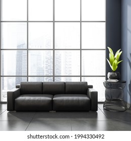 Stylish Modern Office Room Interior In Skyscraper Building With Design Black Leather Couch, Tile Ceramic Floor. Panoramic Window. Singapore City View. No People. 3d Rendering