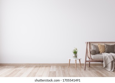 Elegante salón moderno de madera de fondo blanco, estilo escandinavo, decoración casera en ratán, representación 3D, ilustración 3D
