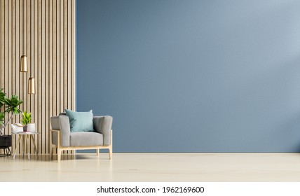 Stylish Modern Wooden Living Room Has An Armchair On Empty Dark Blue Wall Background,3D Rendering