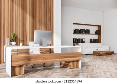Stylish office interior with wooden panels, CEO workplace, Lounge area on background with couch and bookshelves with folders. Hearing bone hardwood floor. 3d rendering