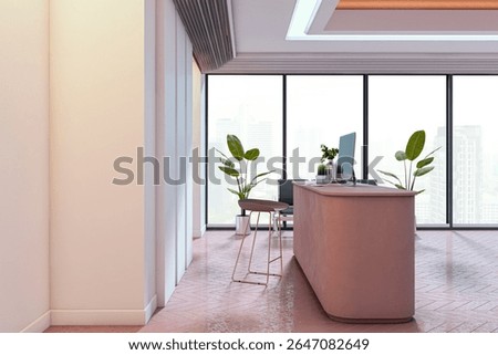 Stylish office reception desk with computer and plants in modern interior, side view with large glass windows, cityscape and sunlight. 3D Rendering
