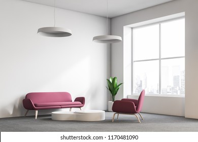 Stylish Office Waiting Area With White Walls, Large Window, A Gray Carpet And Original Coffee Table With Pink Sofa And Armchair. 3d Rendering Mock Up