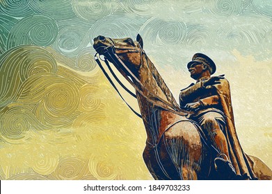 Stylish Oil Painting Of Bronze Memorial Statue Of Mustafa Kemal Ataturk On His Horse, The Founder Of The Republic Of Turkey, Over The Sunset Sky.