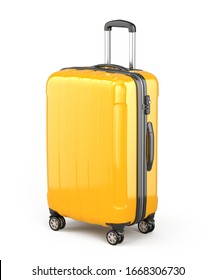 Stylish Orange Suitcase on wheels isolated on white. Travel concept - suitcase 3d icon. 3d rendering
