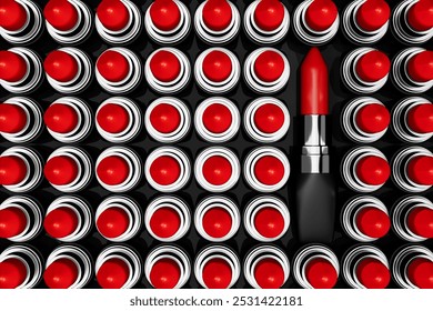 Stylish Red Lipsticks Tubes Arranged in a Captivating Pattern, Showcasing Elegance and Beauty. The Image Captures the Essence of Fashion and Cosmetic Allure, extreme closeup. 3d Rendering  - Powered by Shutterstock