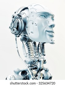 Stylish Robotic Head In Side View Listening To Music In Wired Headphones / Robot Listening Music 