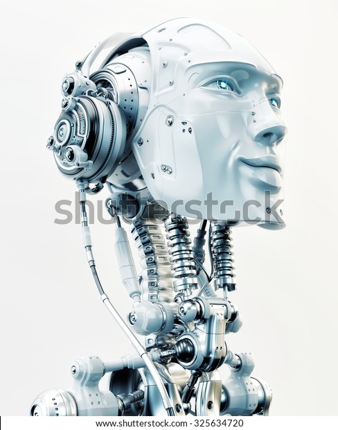 スタイリッシュなロボットヘッド 横向き で 有線ヘッドフォンで音楽を聴く ロボットが音楽を聴く のイラスト素材