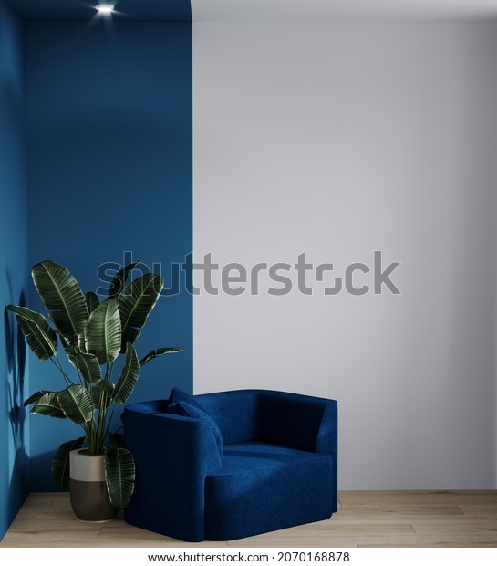 stylish room\
with blue felt chair. Dark navy green and white walls and ceiling.\
A large plant with palm leaves. Vertical view with accent wall for\
painting or wallpaper. 3d\
rendering