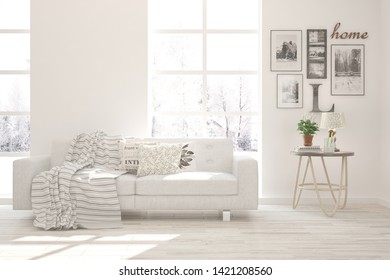 Stylish room in white color with sofa. Scandinavian interior design. 3D illustration - Shutterstock ID 1421208560