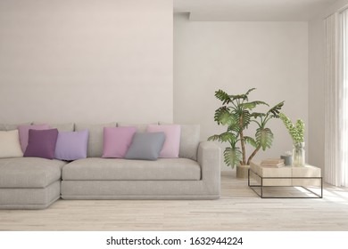 Stylish room in white color with sofa. Scandinavian interior design. 3D illustration - Shutterstock ID 1632944224