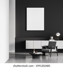 Stylish Scandinavian Composition Of Modern Living Room Interior With Design Armchair, White Mock Up Framed Poster, Wooden Stool, Concrete Floor. No People. Black And White. 3d Rendering