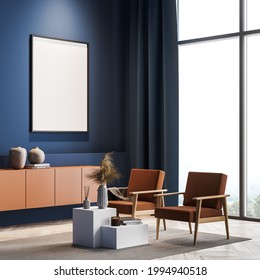 Stylish Scandinavian Composition Of Modern Living Room Interior With Design Armchairs, White Mock Up Framed Poster, Wooden Stool, Parquet Floor. Blue Wall. Panoramic Window. No People. 3d Rendering