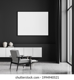 Stylish Scandinavian Composition Of Modern Living Room Interior With Design Armchair, White Mock Up Framed Poster, Wooden Stool, Concrete Floor. Panoramic Window. No People. 3d Rendering