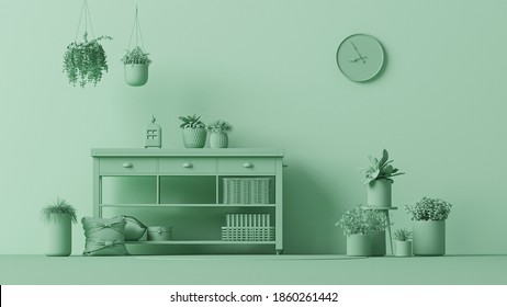 Stylish and scandinavian living room interior in a pastel green monochrome light blue color with plant pots. 3D rendering for web pages, presentations or backgrounds.
