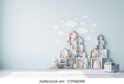 Stylish Scandinavian Newborn Baby Room With Toys. Modern Interior With Empty Background Walls, Wooden Parquet And Pastel Colors, 3D Render, 3D Illustration