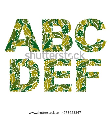 Stylish script with spring herbal ornament. Beautiful font with floral pattern, A, B, C, D, E, F.