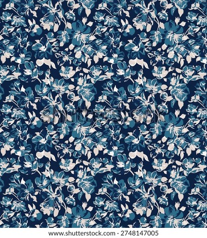 A stylish seamless floral pattern featuring delicate blue and white botanical flowers arranged on a dark navy background. This elegant repeating design is ideal for textile printing, fashion fabrics, women's clothing, wallpaper, wrapping paper, home decor, and surface pattern design. The artistic floral elements create a modern yet classic botanical look, perfect for dresses, scarves, upholstery fabrics, and decorative backgrounds. High-quality repeating pattern suitable for digital printing and fashion industry use.