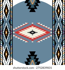 Stylish seamless pattern inspired by traditional Southwestern tribal rug designs. The composition features bold geometric diamond motifs in the center, framed by decorative ethnic stripes and tribal ornaments. The balanced layout and earthy color palette create a warm and authentic cultural aesthetic, perfect for fabric prints, fashion textiles, rugs, home decor, wallpaper, and decorative backgrounds.
