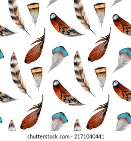stylish seamless pattern of wild bird feathers. Watercolor feathers of an owl, jay, etc. For advertising, paper, textiles, etc.