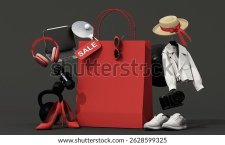 Stylish shopping items including electronics, fashion, and fitness gear with a red theme and sale tag. 3d rendering.