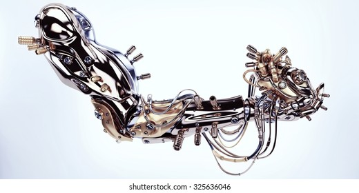 Stylish steel robot arm holds artificial futuristic heart / Metal artificial arm with heart 