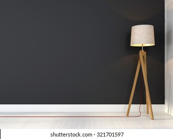 Stylish tripod lamp with red wire on a background of gray wall