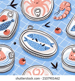 Stylish Vintage Canned Fish Seamless Pattern. Hand-drawn Food Repeat Background. Ideal For  Tea Towels Or Kitchen Table Cloth. Sprat And Tomato Illustration