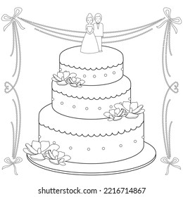 Stylish Wedding Cake Decorated With Flowers And A Bride And Groom Cake Topper. Black And White Coloring Page.