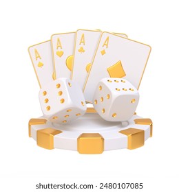 A stylish white and gold casino set featuring playing cards, dice, and a poker chip, symbolizing gambling and luxury. 3D render illustration - Powered by Shutterstock