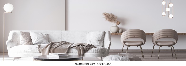 Stylish white modern living room interior, home decor, 3D render, 3D illustration
