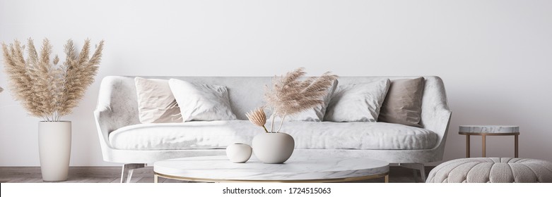 Stylish white modern living room interior, home decor, 3D render, 3D illustration