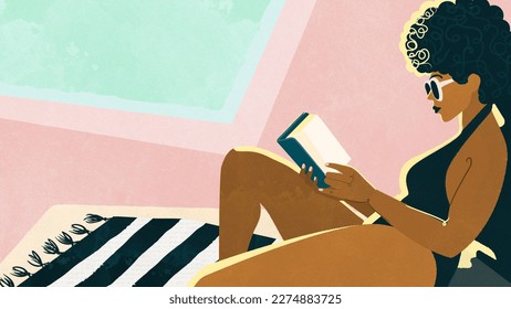 Stylish young adult black woman wearing a swimsuit relaxing and reading a book on a sun lounger by a swimming pool, tropical summer vacation, ethnic diversity and body positivity - Powered by Shutterstock