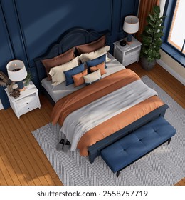 A stylishly arranged bedroom featuring a bed with colorful pillows, a bench at the foot, and natural light filtering through large windows. 3d rendering. - Powered by Shutterstock