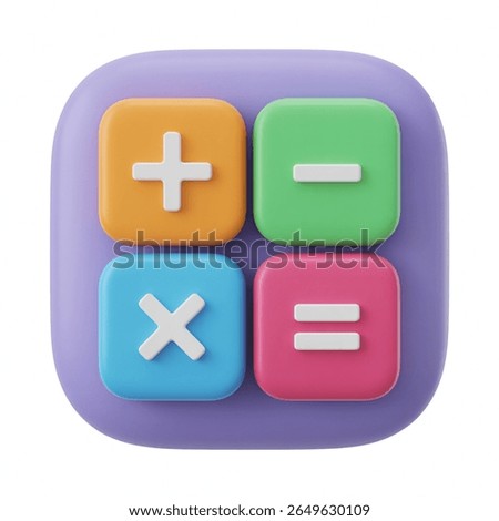 stylized 3D calculator icon featuring plus, minus, multiply, equals symbols on purple square background, rendered in pastel colors for digital design use.