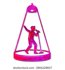 A stylized 3D icon of a singer performing on stage under a bright spotlight, rendered in vibrant pink and red tones.