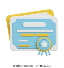 A stylized 3D illustration of a certification or diploma icon with a blue ribbon seal, representing achievement, accreditation, or completion - Powered by Shutterstock