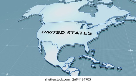 a stylized 3D map highlighting United States. The word “United States” is boldly labeled across the country.