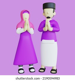 Stylized 3D Muslim Couple Character Doing Salam Gesture