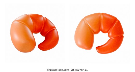 Stylized 3D render Two cooked orange shrimp on a clean white background - minimalist and detailed seafood concept perfect for culinary visuals, packaging, or restaurant menu designs.