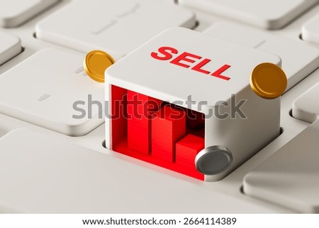 Stylized 3D rendering of a keyboard key labeled SELL with red bar chart and coins inside, on white keyboard background, representing stock market concept