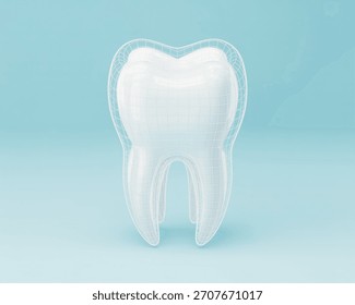 A stylized 3D rendering of a molar tooth with a wireframe overlay, set against a light blue background.