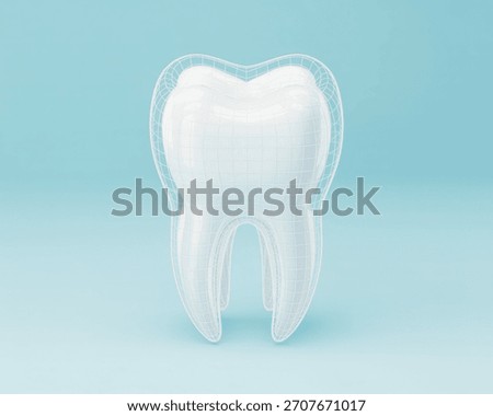 A stylized 3D rendering of a molar tooth with a wireframe overlay, set against a light blue background.