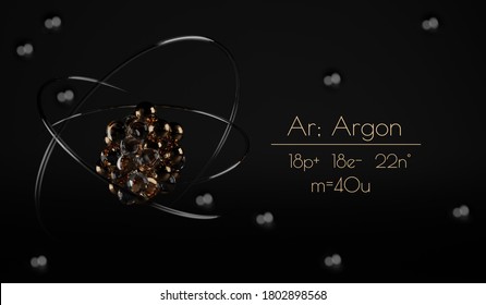 A stylized Argon atom visualization, with the number of protons, neutrons, electrons and its name written next to it. A 3d render.
