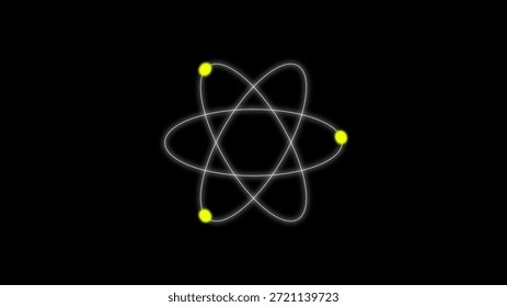 A stylized atomic model with a central nucleus and three orbiting electrons depicted as yellow dots on white elliptical paths against a black background. Clear details and vibrant colors enhance vi...