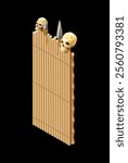 Stylized bamboo fence decorated with skulls and spearheads. Digitally drawn design element in a casual game style isolated on a black background.