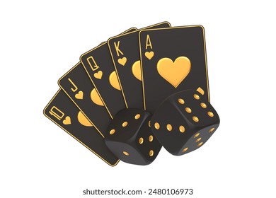 Stylized black and gold royal flush cards and dice, symbolizing luxury and winning in gambling and casino games. 3D render illustration - Powered by Shutterstock